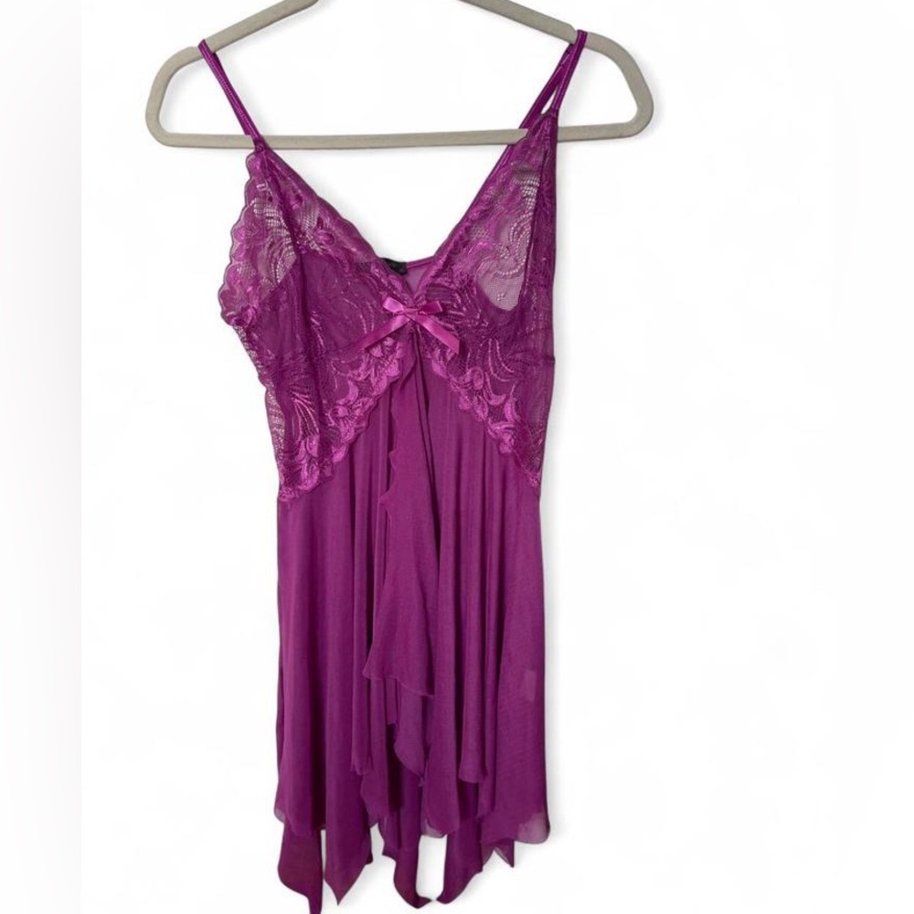 Purple Lace Mesh Chemise Adjustable Spaghetti Strap Night Lingerie Dress